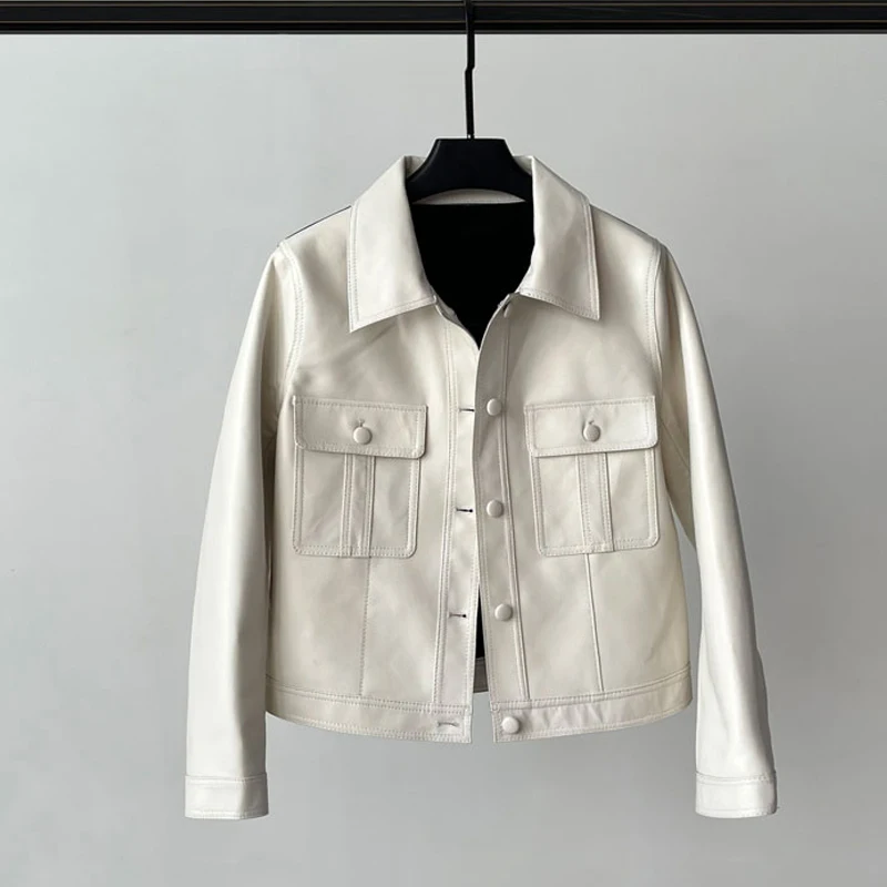 عادية واحدة الصدر المرأة معاطف السترة الجلدية الحقيقية 2025 الخريف التلبيب كم كامل الإناث سليم صالح الطبقة الأولى سترات من جلد الغنم