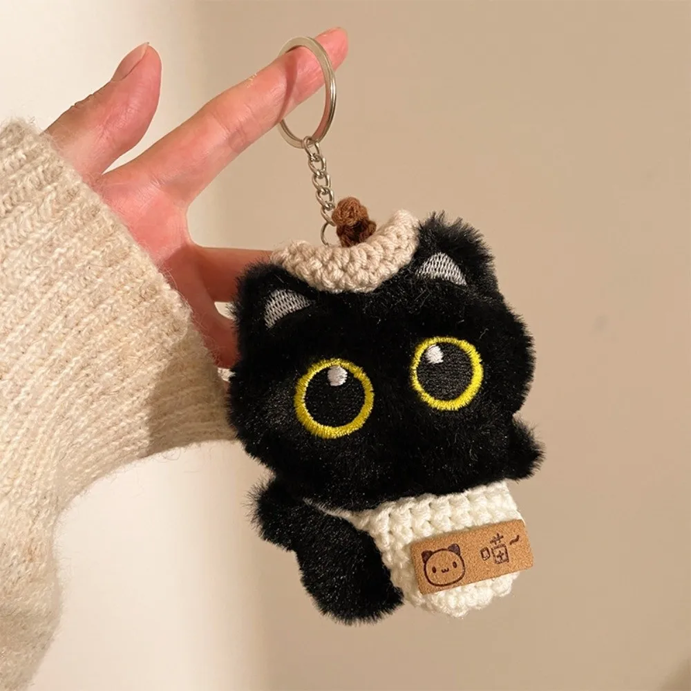 New Cute Black Cat Keychain with Knitted Hat Shoulder Bag Bag Pendant Bib Car Key Ring School Bag Decoration