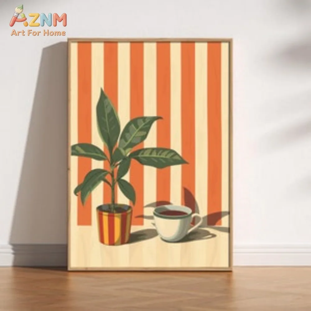 AZNM Retro Espresso Coffee Croissant Plant Striped Illustration Frameless Canvas Wall Art Cafe Home Decor Poster