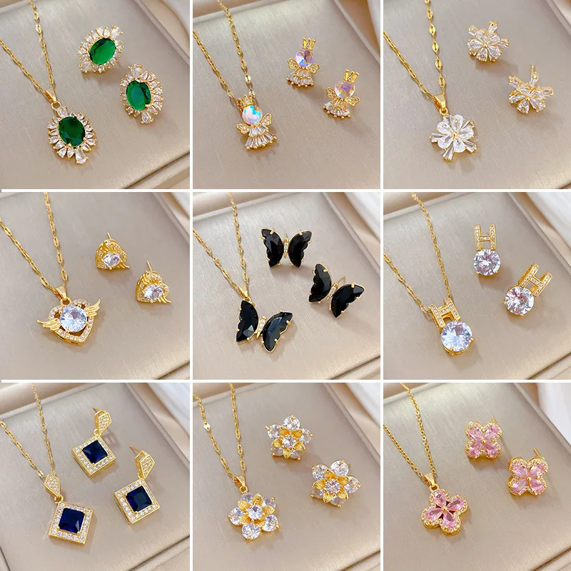 Fashion Jewelry 40 Kinds of Zircon Pendant Necklaces and Stud Earrings Jewelry Sets for Women Cute Christmas Gifts