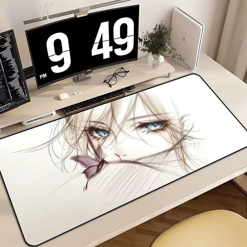 Deluxe Anime Girl Butterfly Mouse Pad Large Extended Gaming Desk Mat Non-slip Rubber Base Stitched Edges Esports Gaming Mat
