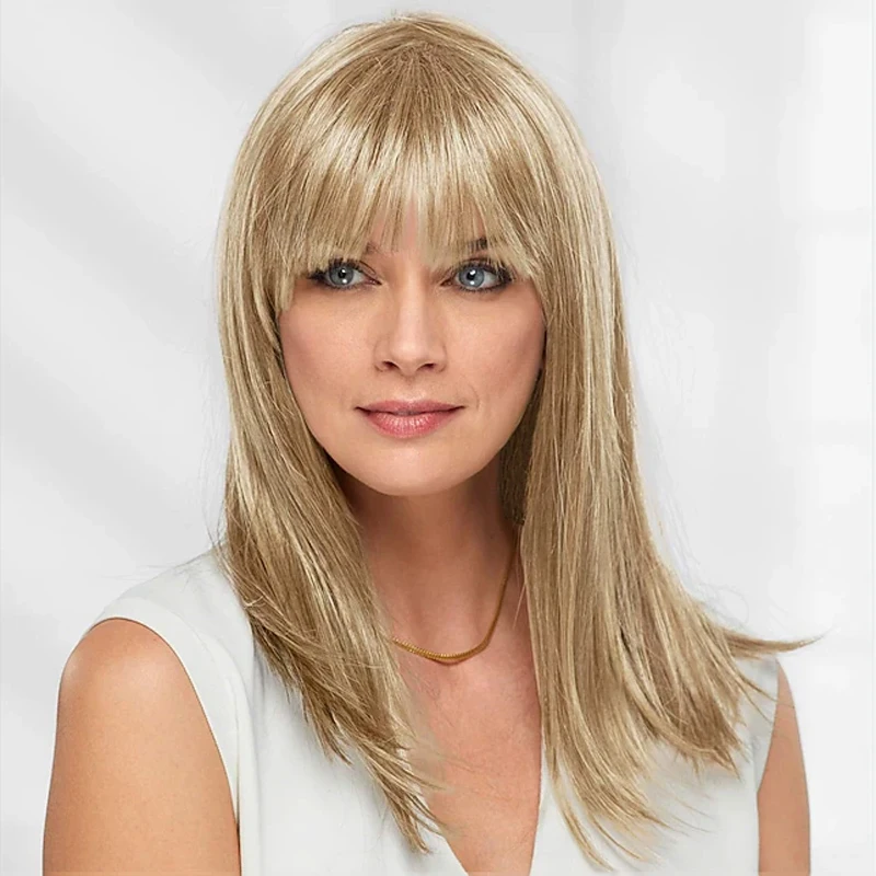 

HAIRJOY Synthetic Hair Blonde Smooth Straight Long Wig with Blunt Bangs Party Wigs for Women