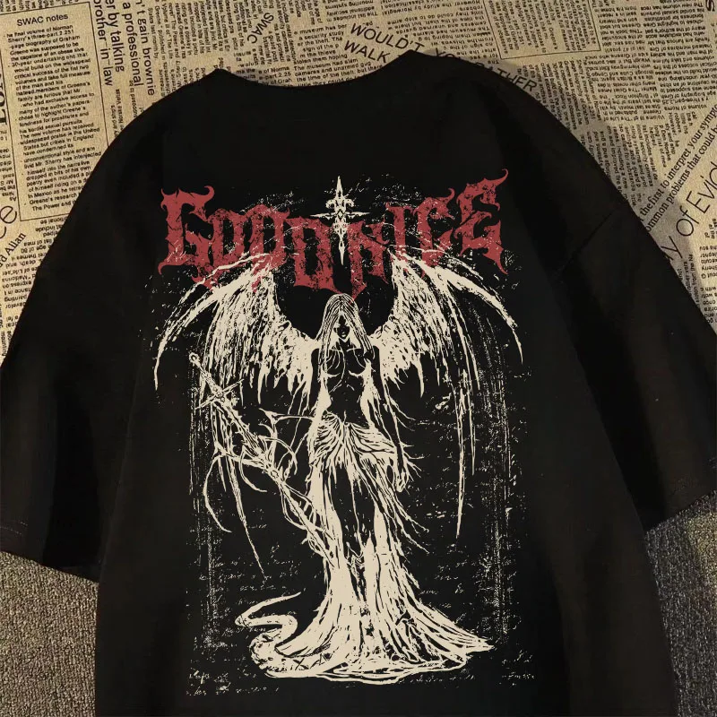 2026 New Heavy Short-sleeved T-shirt American Retro Sword-wielding Angel Printed Short-sleeved Men's and Women's Loose Tops