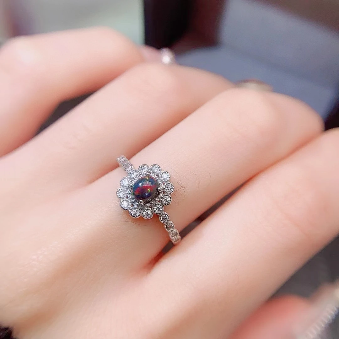 

Sterling Silver Flower Ring 4*5mm Natural Australia Opal Ring Solid 925 Silver Dyed Black Jewelry with 3 Layers 18K Gold Plated