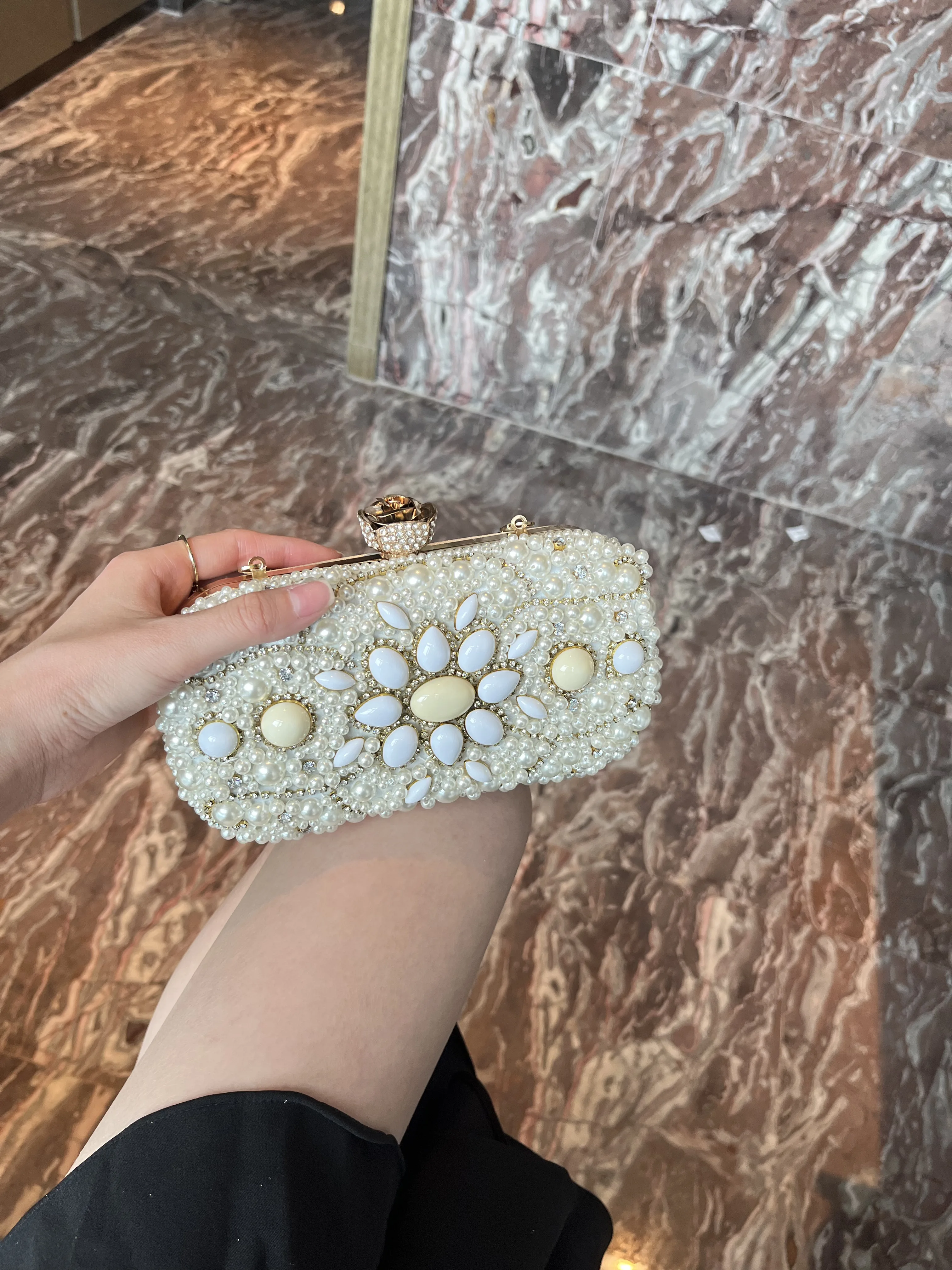 Fashion Beauty Pearl Bride Bag Luxury Chain Crystal Women Evening Bags Elegant All-match Diamond  Buckle Double-sided Beads Purs