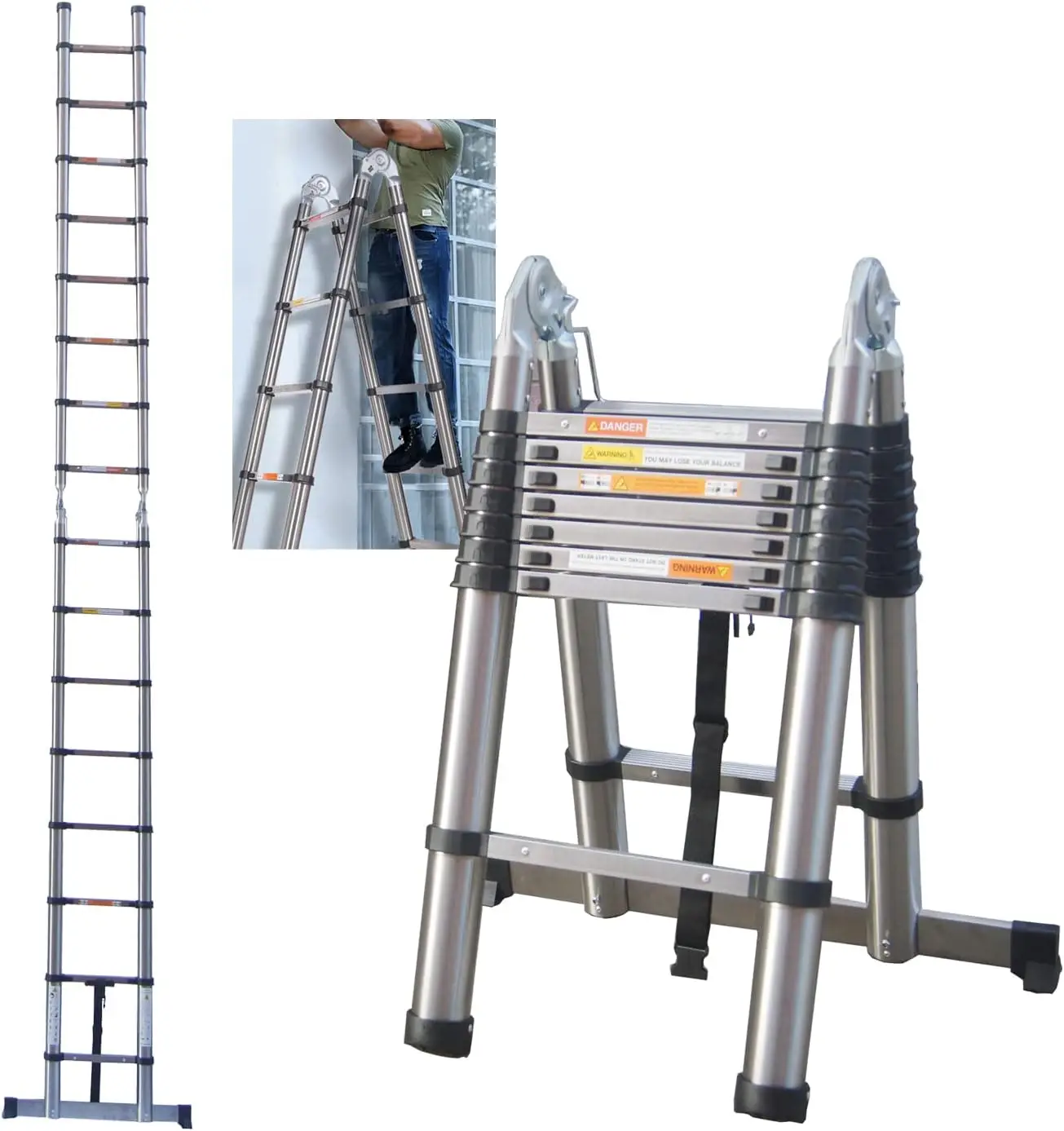 5m (2,5+2,5) Teleskopleiter, Mehrzweckleiter, ausziehbare, kompakte Edelstahlleiter, Mehrzweck-Klappleiter zum Klettern an hohen Höhen