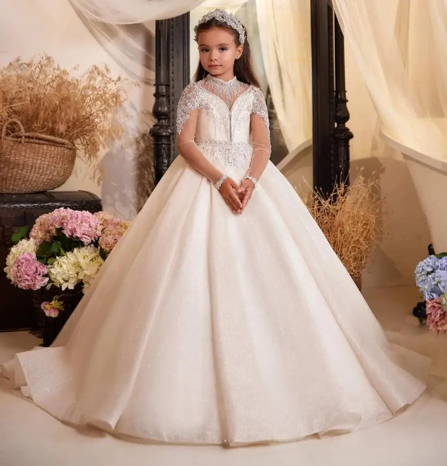 Elegante abito da ragazza di fiori per abiti da prima comunione per feste di compleanno per bambini a maniche lunghe con paillettes gonfie in pizzo da sposa 2024