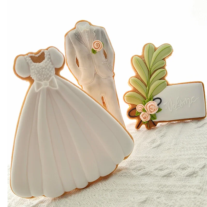 Wedding Dessert Cookie Cutter and Fondant Embosser Cute Cartoon Wedding Dress DIY Hand Press Biscuit Forms Acrylic Baking Tools