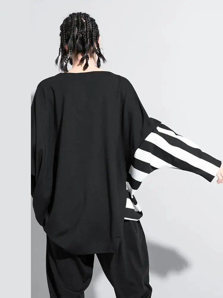Irregular Women Black Striped Big Size Casual T-shirt New Round Neck Long Sleeve Fashion Spring Autumn 2026 1DF8Q