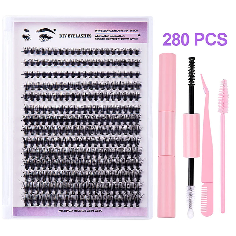 Diy Wimper Extensie Kit 280 Stuks Individuele Wimpers Cluster D Curl, 8-16Mm Mix Lash Clusters Met Lash Bond En Seal En Lash App