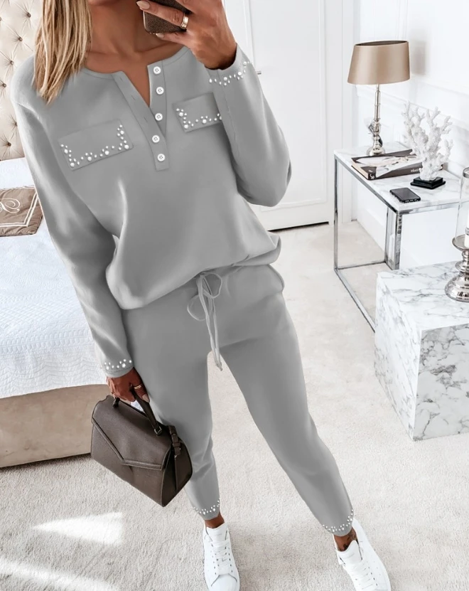 

Round Neck Beaded Decoration Long Sleeved Top and Drawstring Pants Solid Color Women's Casual Fashion Commuting Set