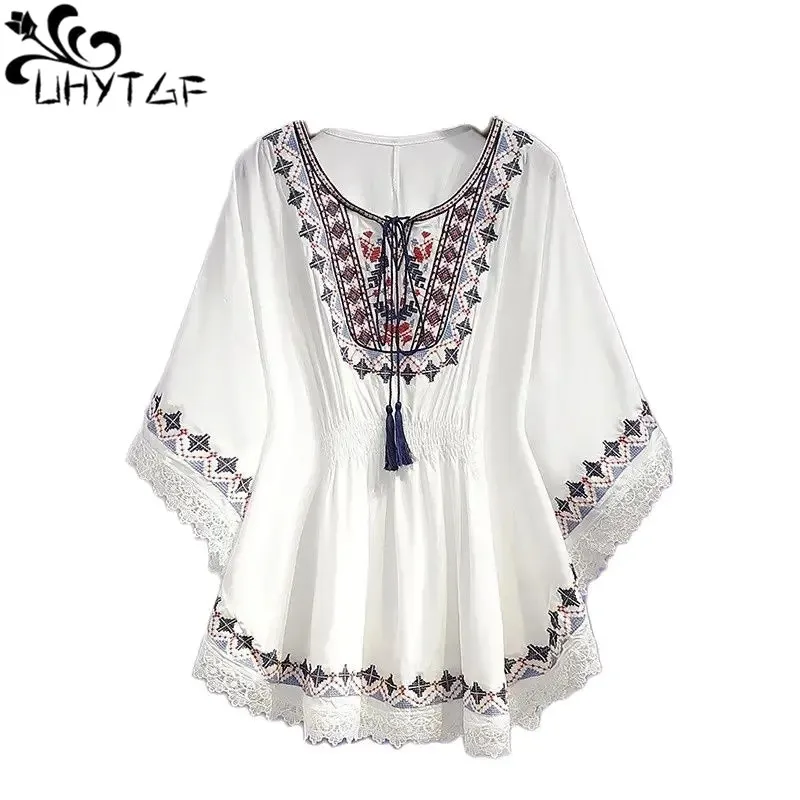 

Retro Print Ethnic Style V Neck Lace Patchwork Tassels Lace Up Shirts Summer Fashion Batwing Sleeve Loose Tops Blouses Women 580