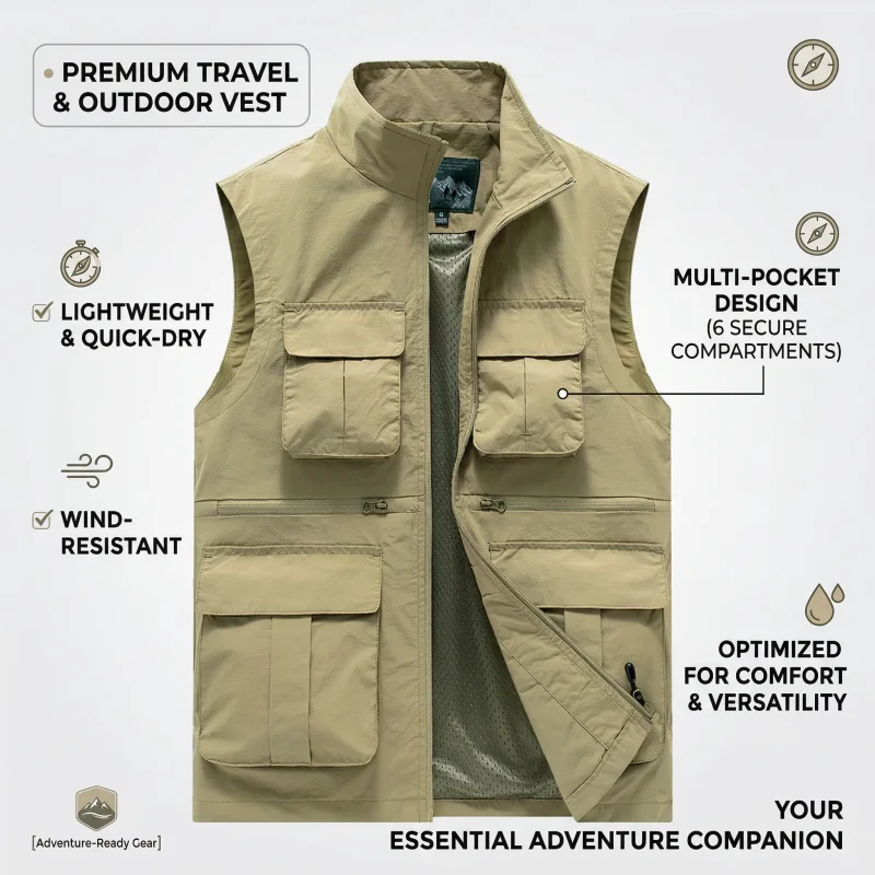 

Men Multi-pocket Jacket Quick Dry Mesh Fishing Vest Outdoor Travel Vests Hiking Hunting Casual Fisherman Sleeveless Coat Man