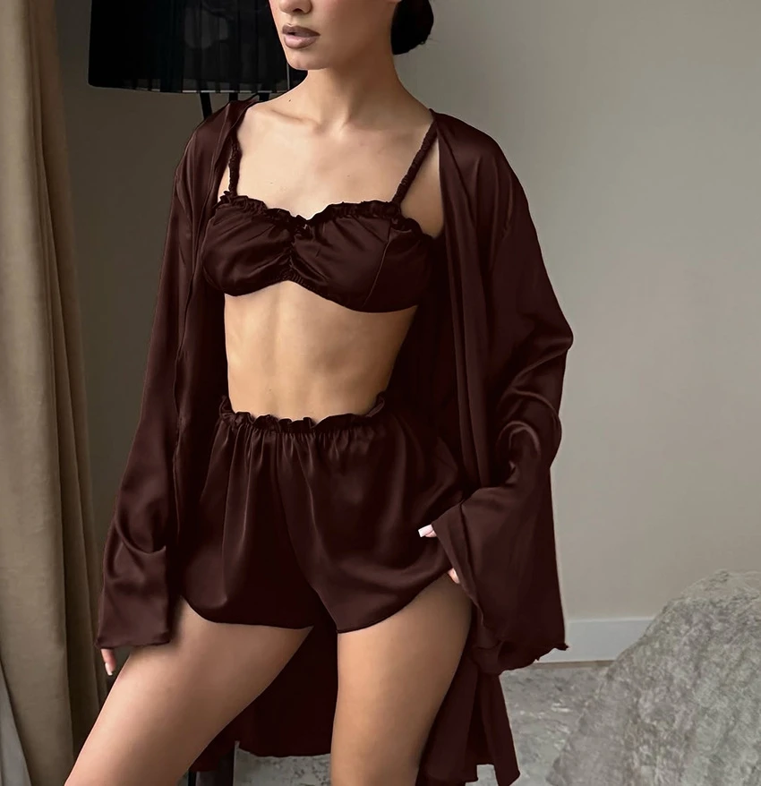 

Loose Long Sleeve Sleepwear Vest Shorts Three Piece Set Home Clothes Comfortable Summer Pyjamas V-Neck Casual Home Suit