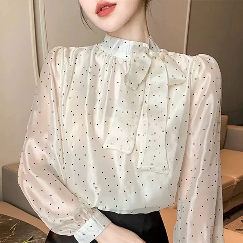 Polka Dot Long Sleeved Chiffon Shirt for Women\'s Clothing New Western-style and Age Reducing Bow Bow Ribbon Style Top