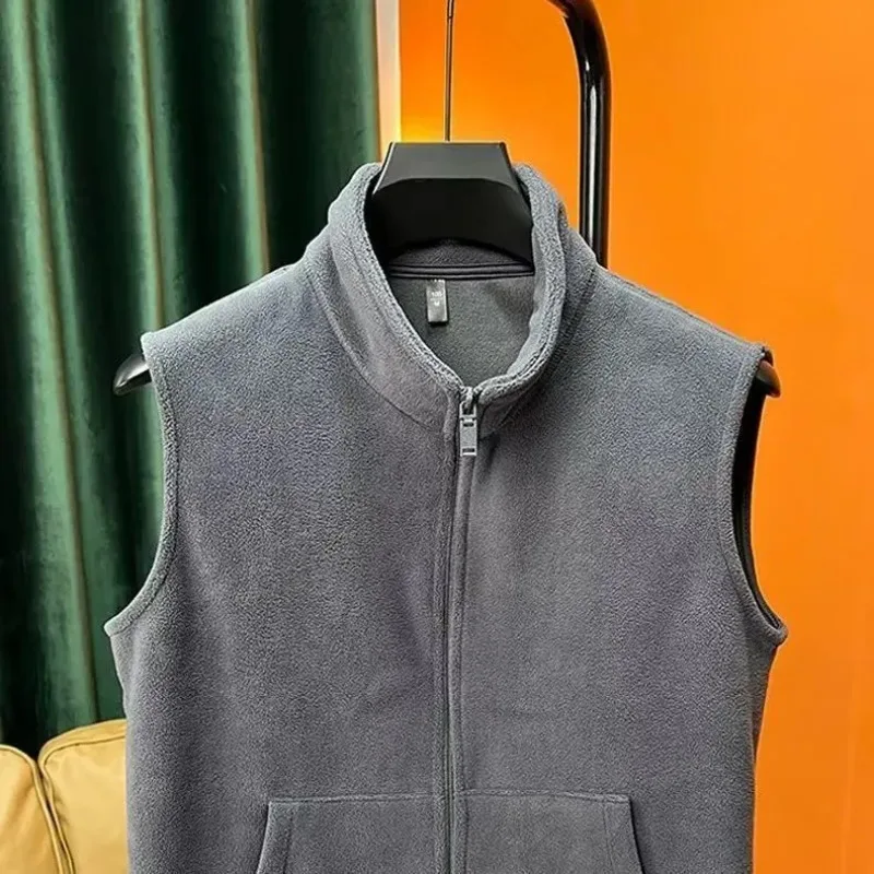 

Winter Vest with Zipper Polar Fleece Stand Collar Sleeveless Jacket Solid Color Unisex Outerwear for Layering Warm Lightweight