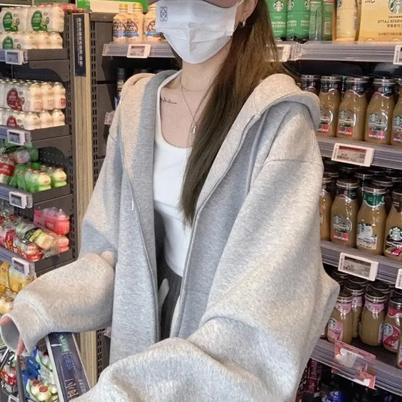 Solid Color Hooded Sweatshirt Women's Autumn Winter Loose Slim Lazy Style Casual Zipper Top Plush Jacket