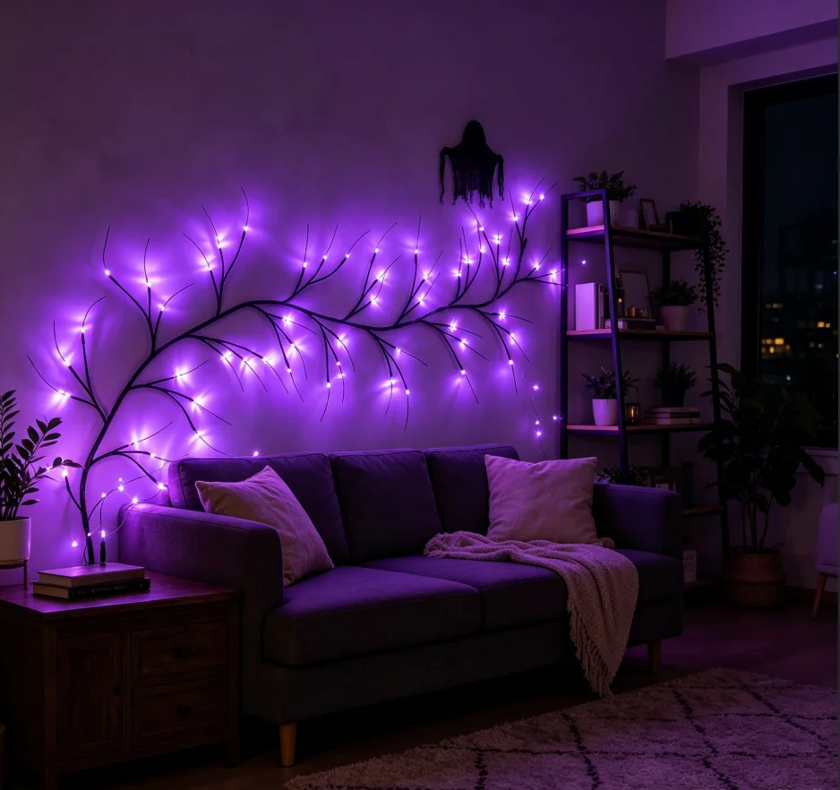 Halloween LED Vine Garland, Purple Fairy String Lights, USB Twig Branch Decor for Wall Window Party Haunted House Display