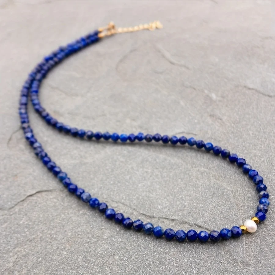 1pcs The best-selling natural stone 3mm faceted lapis lazuli + pearl pendant necklace as a gift.