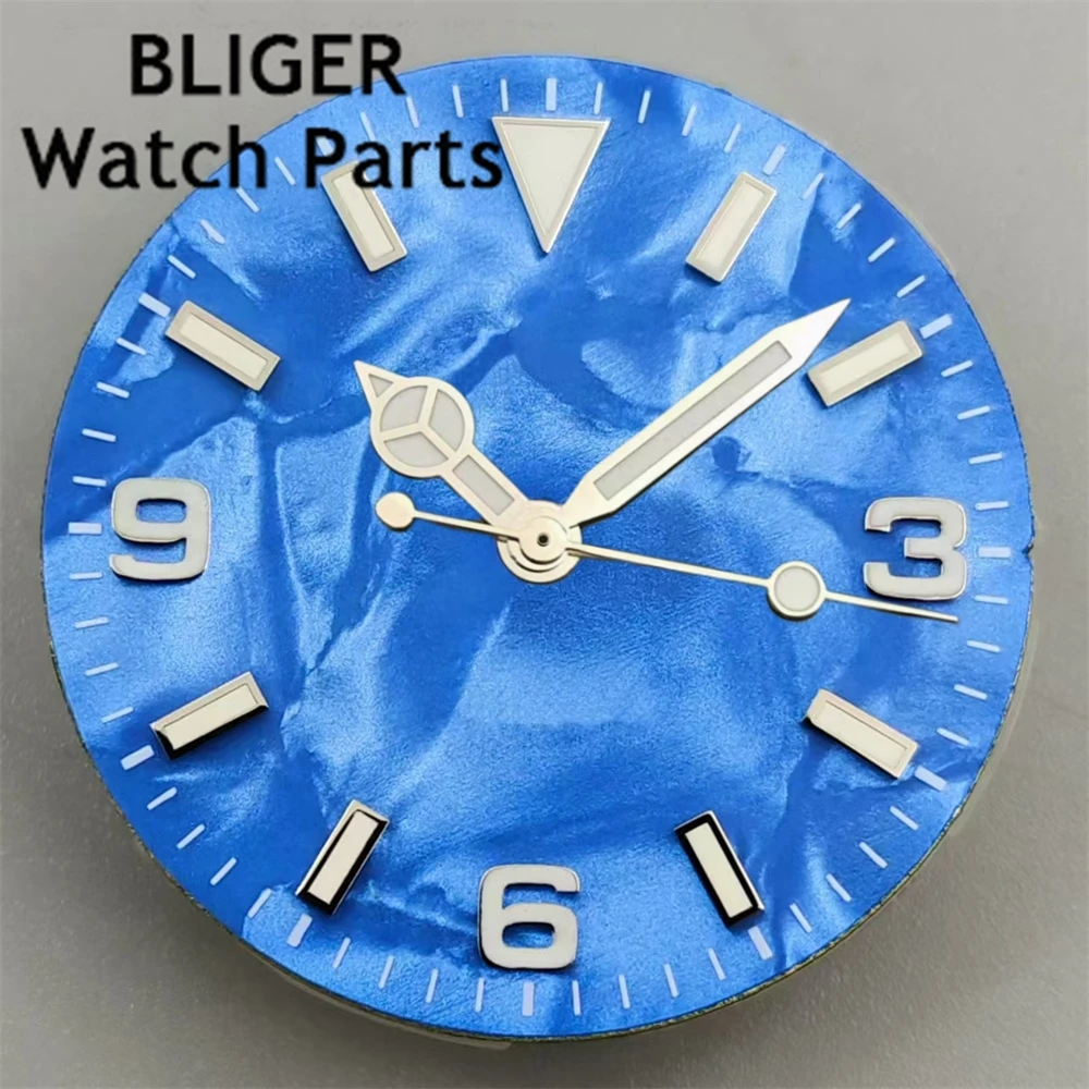 BLIGER 29mm quadrante dell'orologio quadrante di perle con lancette set verde luminoso adatto NH35 NH36 ETA2824 2836 Miyota8215 Mingzhu DG PT5000 movimento