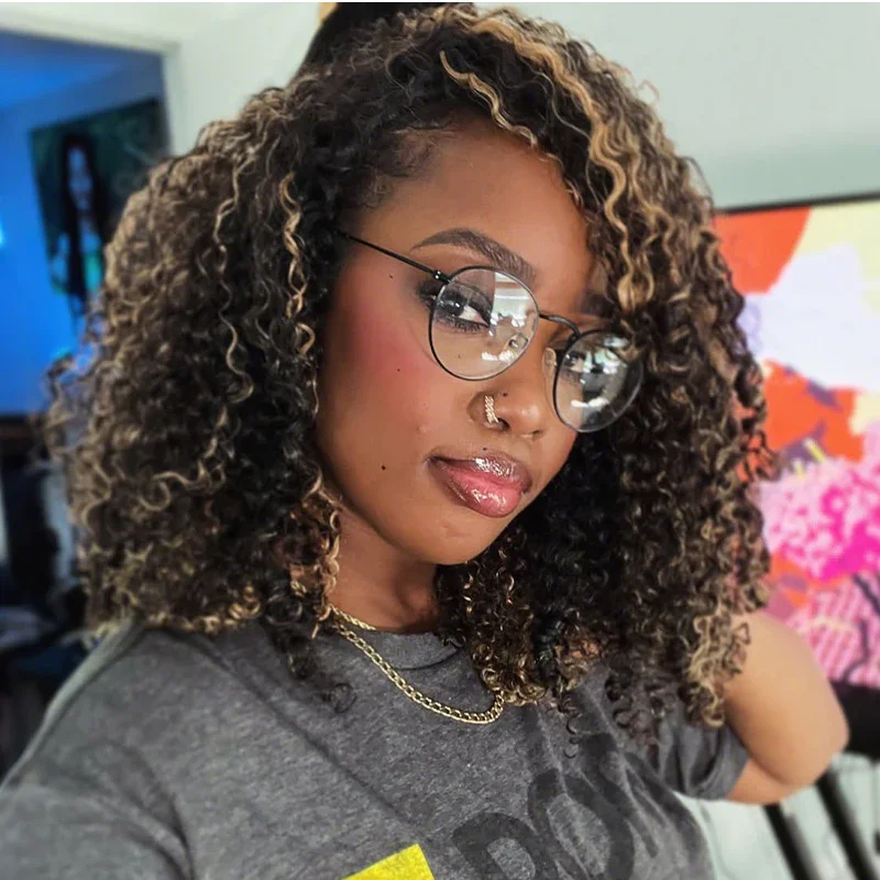 1B 27 تسليط الضوء على شعر مستعار غريب مجعد نصف شعر مستعار شعر الإنسان 3 في 1 نصف الباروكات مع كليب Ins الوجه على المبتدئين ودية سلس بوب شعر مستعار