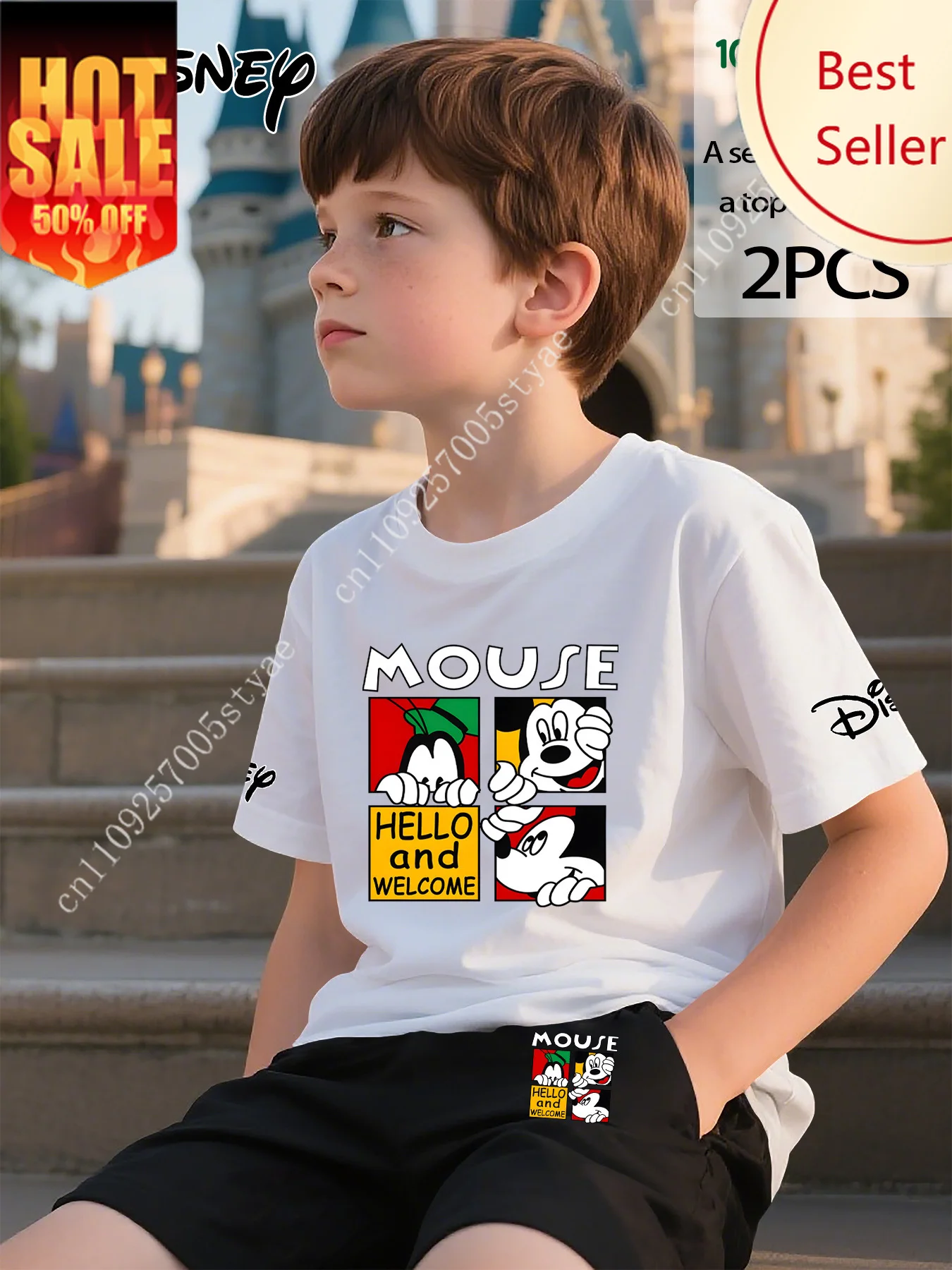 

Disney Mickey Goofy 2PC Boys T-shirt 100% Cotton Shirt and Shorts Sport Top Suit Comfort Blouse Sets Soft Clothes for Teens Kid