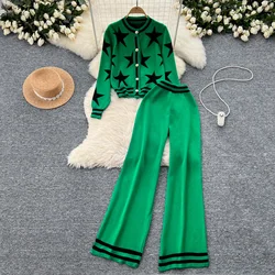 Women knit tracksuit pant sets casual loose zipper sweater+wide leg pants 2 pieces sets knitted cardigans suits outfit