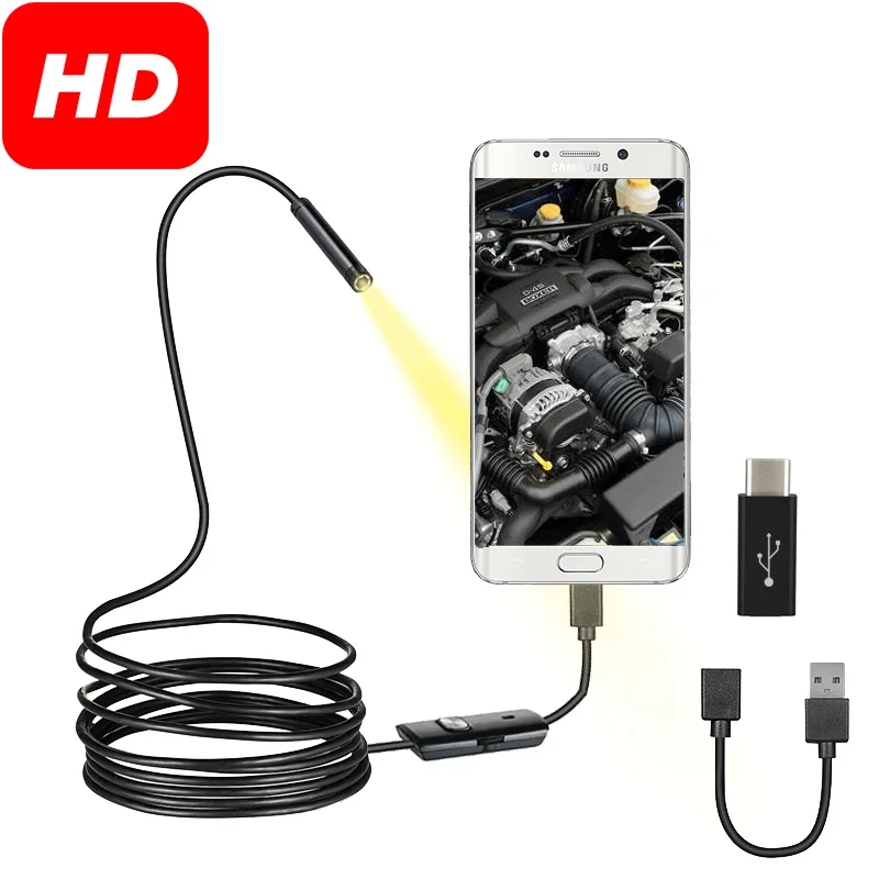 

7mm Endoscope Camera Micro USB OTG Type C Waterproof 6 Adjustable LEDs Inspection Borescope Camera For Android Phone & Computer