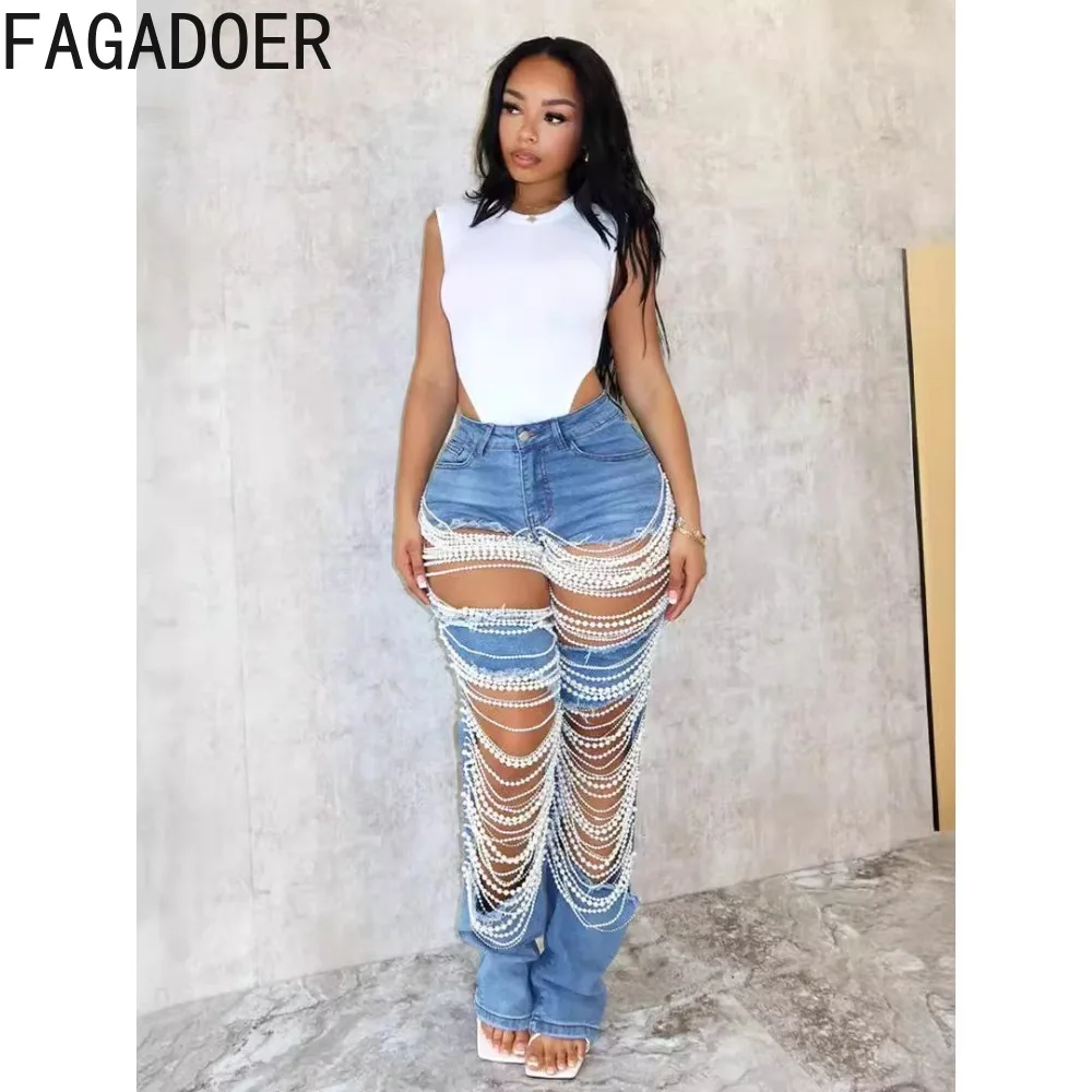 FAGADOER-pantalones vaqueros con agujeros y perlas para mujer, pantalón de cintura alta con bolsillos y botones, elásticos, a la moda, novedad de verano