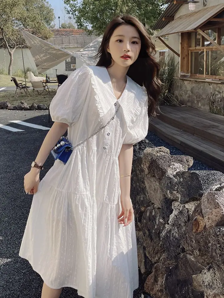 

plus Size Casual Summer Dress Women's A-Line Midi Skirt Conceal Meat Doll Collar Loose Fit Comfortable Korean Style Dress