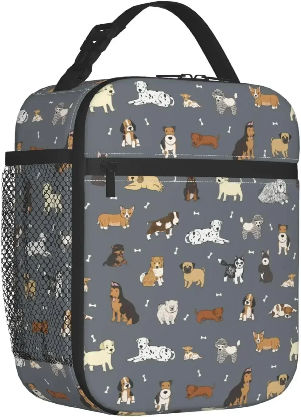 Cute Dogs Lunch Bag Puppy Pets Grey Background Lunch Box Insulated Meal Bag Food Container for School Work Picnic Travel