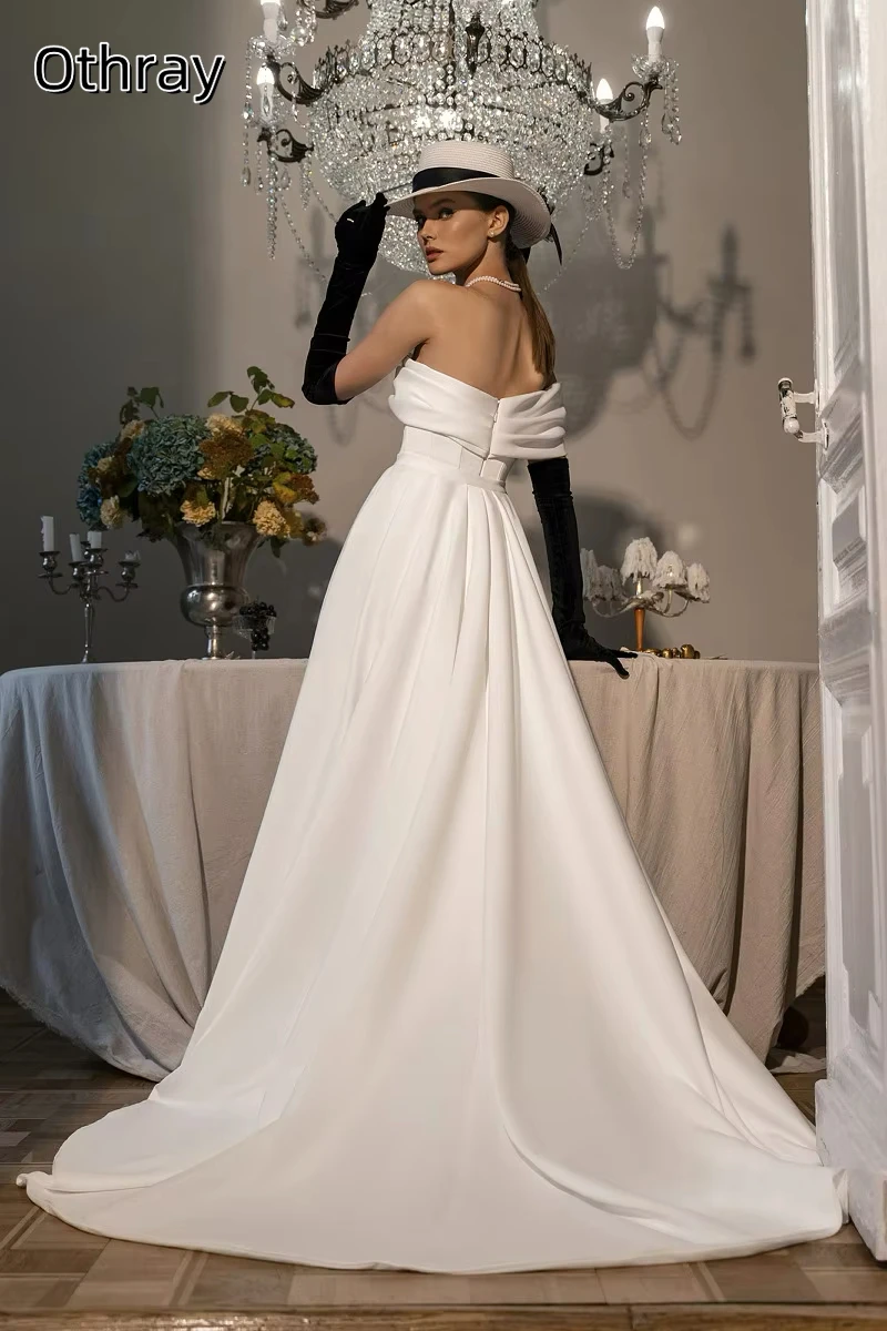 Othray Elegant One Shoulder Satin Mermaid Split Wedding Dresses with Detachable Train Bridal Grown Vestido De Noival