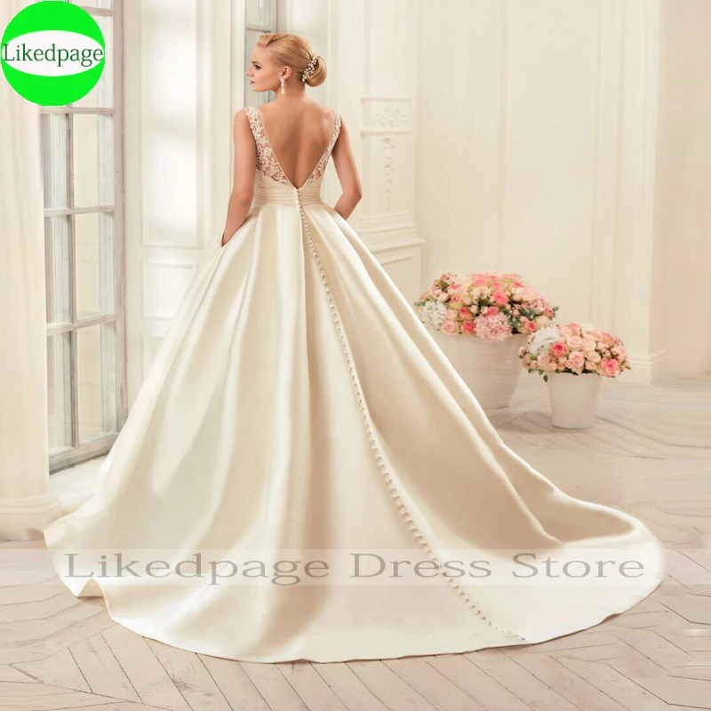 Elegant Appliques Satin Wedding Dresses For Women2023 With Pockets Bride Vestidos A-LineDe Novia Boda Suknia Ślubna Robe Mariée