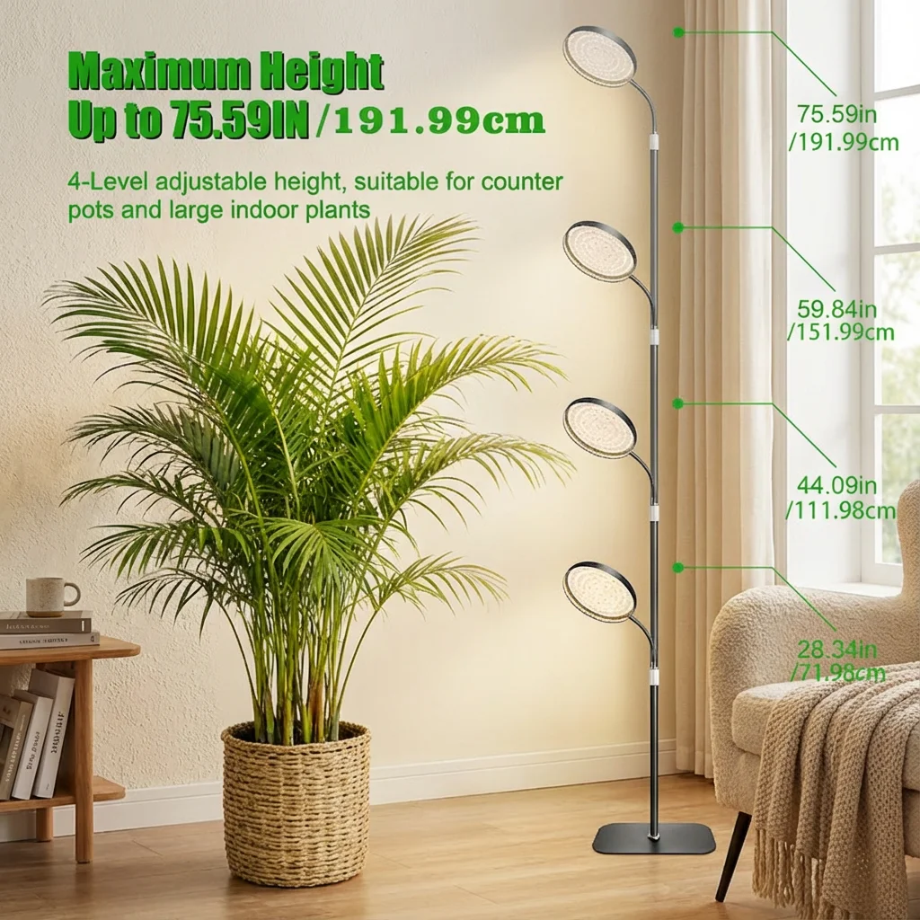 Standing Grow Light for Indoor Plants, Full Spectrum with 10-Level Dimming & 3/9/12H Auto Timer, Up to 75.59
