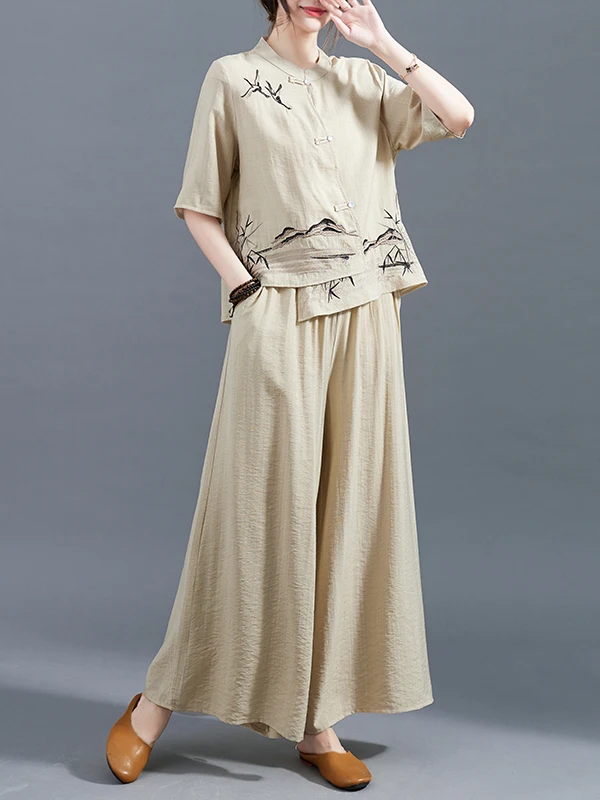 

Retro Chinese Sle Embroidered Cotton Linen Set Women Summer Faion Loose Top Wide Leg Pants Two Piece Suit