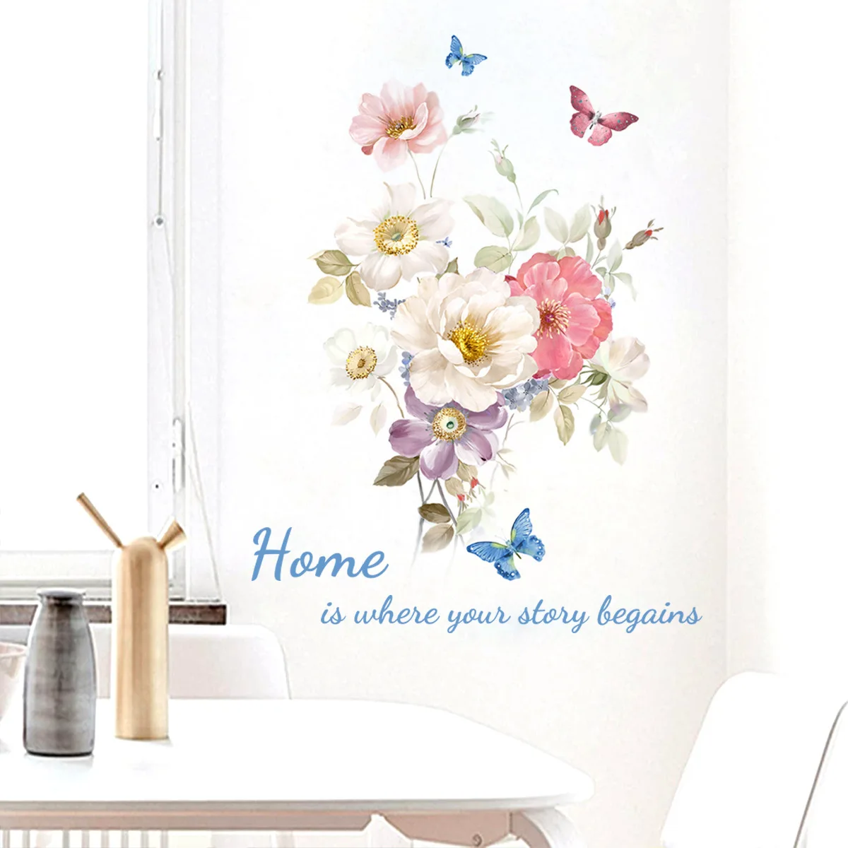 Peony Flower English Home Is Where Your Story Begins Butterfly Wall Sticker