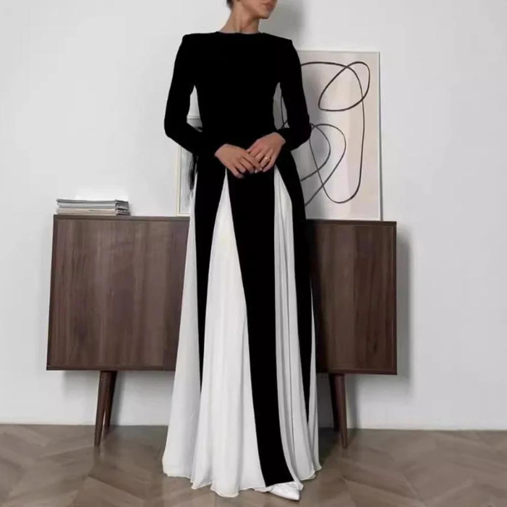 VGH Hit Color Temperament Slimming Dresses For Women Round Necck Long Sleeve High Waist Elegant Long Dress Female Fashion New