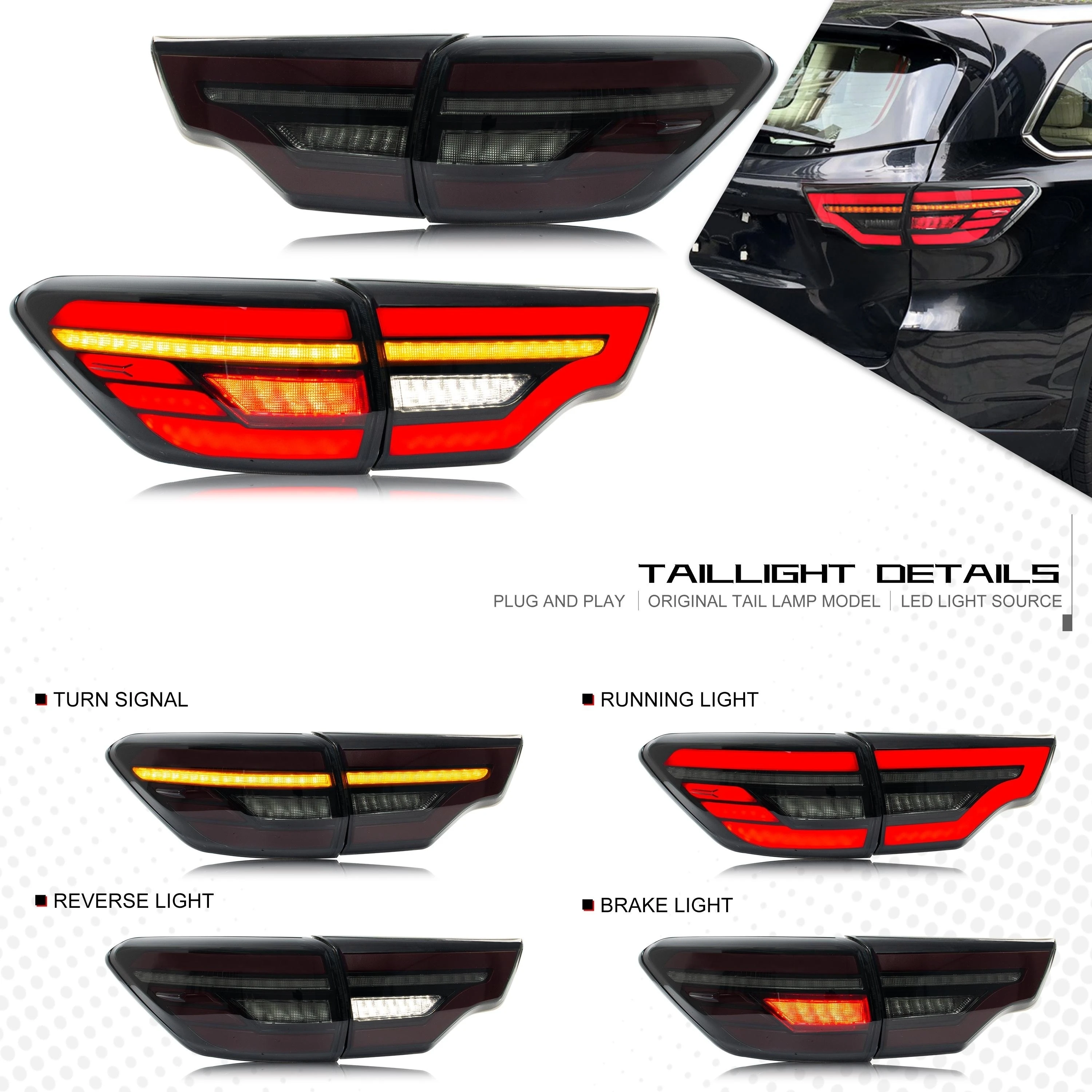 LED Black Tail Lights for Toyota Highlander 2014-2020 Sequential Rear Lamps Start Animation