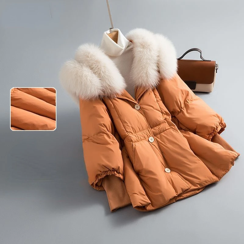 Piumino da donna con collo di pelliccia di media lunghezza, parka alla moda, tendenza temperamento, autunno e inverno