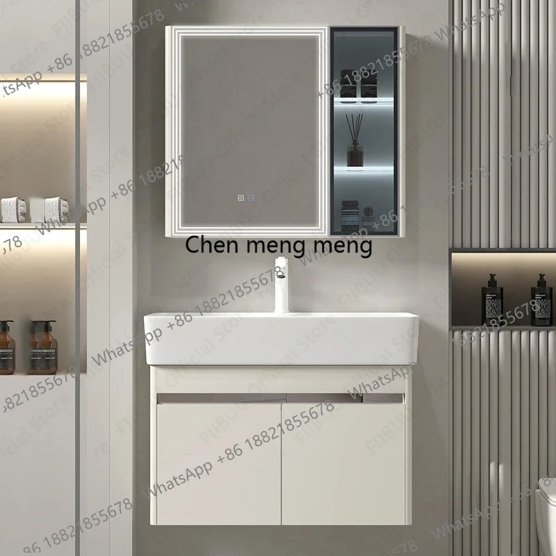 Luxury Bathroom Vanities Cabinet with Ceramic Wash Sink Basin Combo Wall Mounted Floating Cabinet with Mirror Cabinet Faucet Set