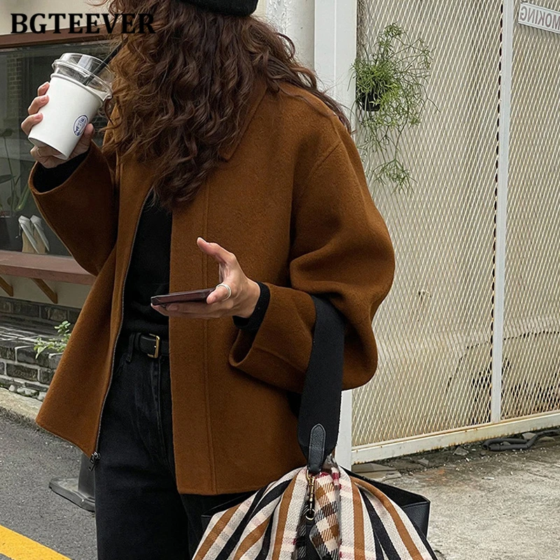 BGTEEVER Chic Autumn Winter Vintage Loose Zipper Up Ladies Woolen Jackets Stylish Long Sleeve Warm Loose Female Blend Coats