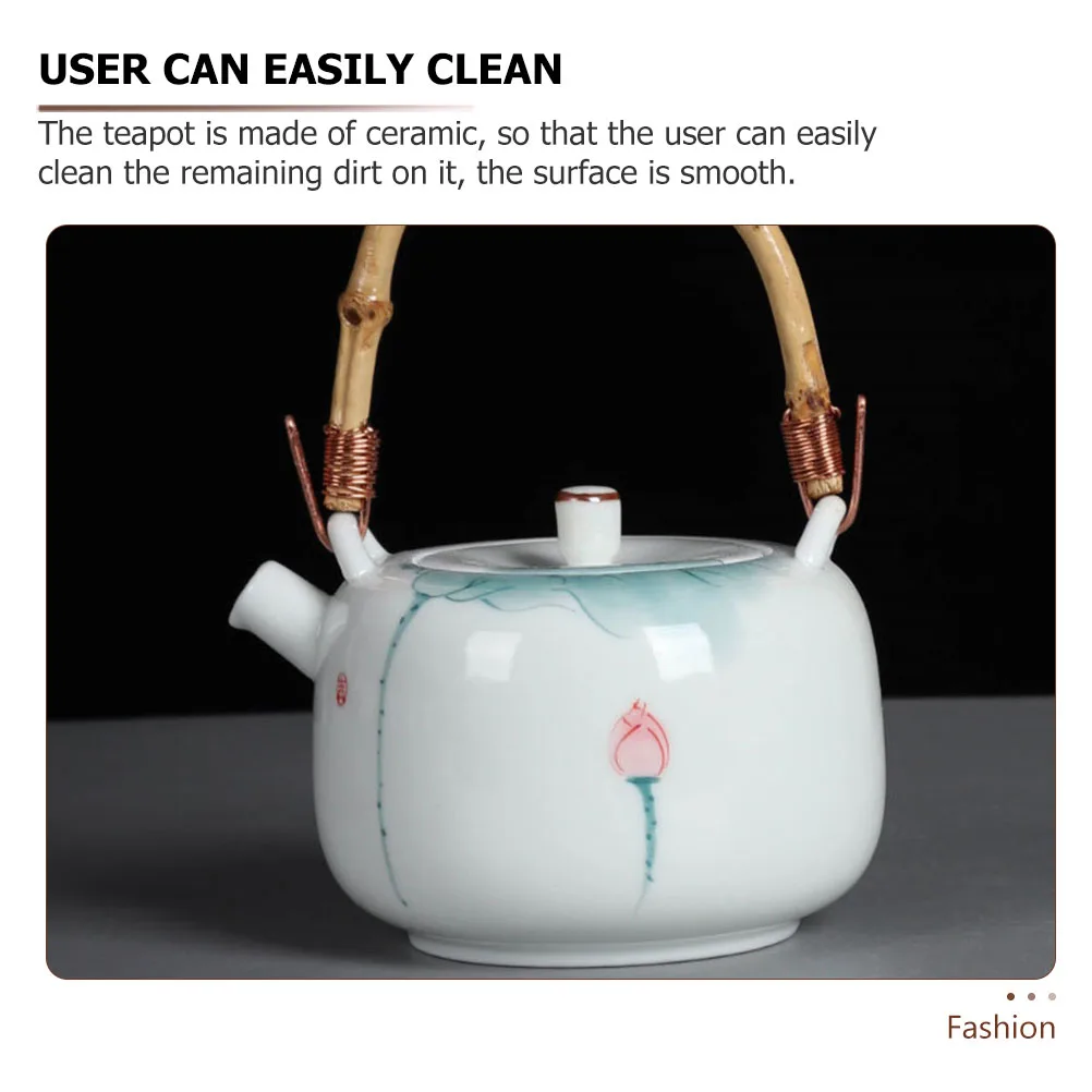 

1pc Bamboo Handle Ceramic Teapot Hand-Painted Lotus Design Heat-Resistant Teaware For Home Office Simple Elegant Tea Pot