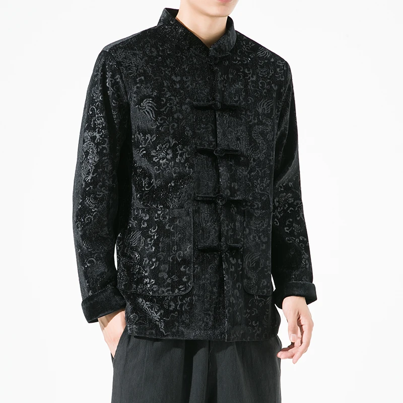 

Autumn Winter Men's Retro Buttoned Velvet Dragon Patterned Hanfu Casual Loose Fit Top Chinese Sle Jaet Faionable Urban ...