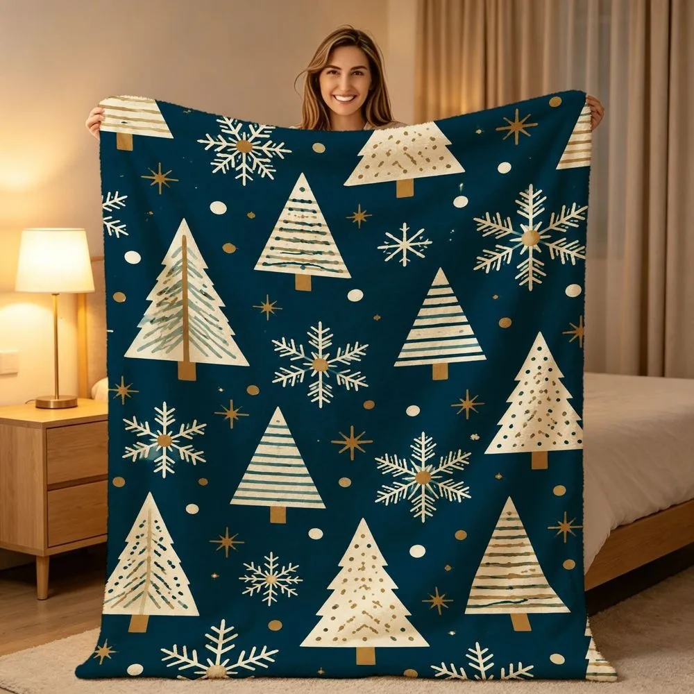 Chic Festive Winter Print Throw Blanket Geometric Pine Tree Snowflake Metallic Gold Accent Pattern Soft Warm Sofa Bed Blanket