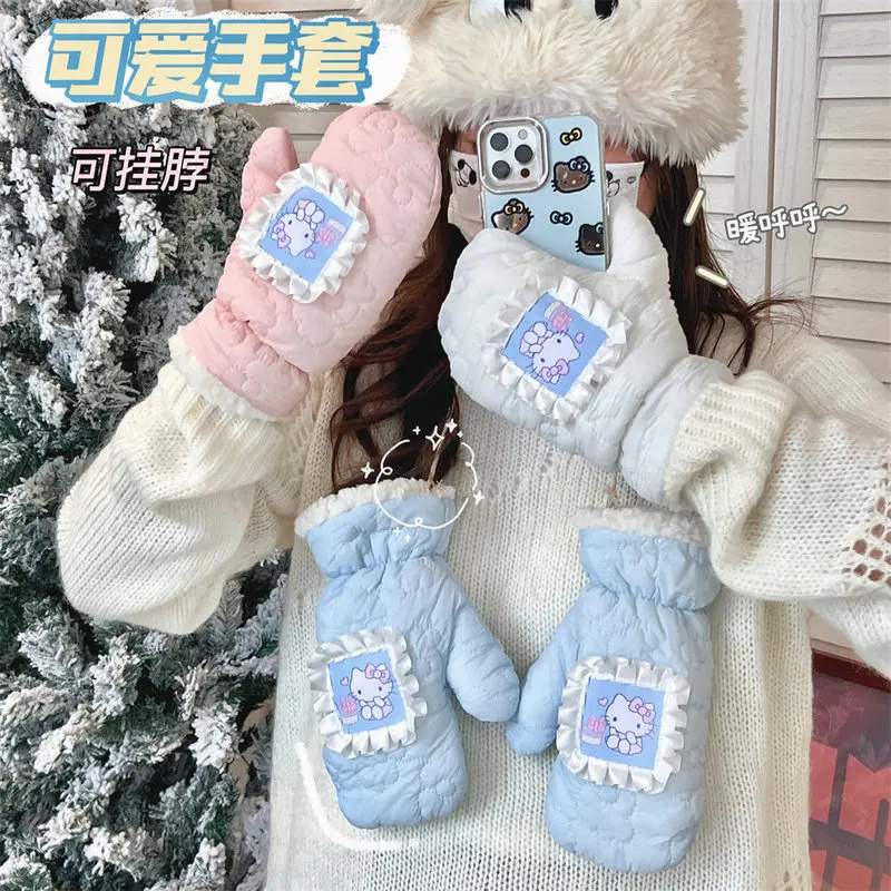 New Hot Hello Kitty Warm Thick Plush Waterproof Gloves Winter Snow Gloves Woman Cotton Thickening Cycling Driving Skiing Gloves