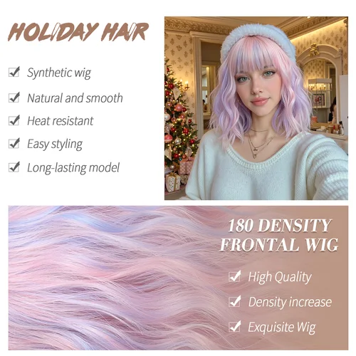 Imagen 2 del producto Pelucas Sintéticas Rizadas y Onduladas en Tonos Rosa, Morado y Azul con Flequillo para Mujer, Peluca de Pelo Natural para Fiestas y Cosplay, Resistente al Calor