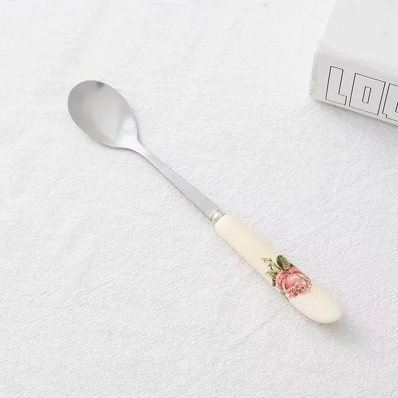 Stainless Steel Ceramic Handle Coffee Spoon Creative Flower Pattern Tea Spoon Honey Dessert Ice Cream Spoon Small Teaspoon