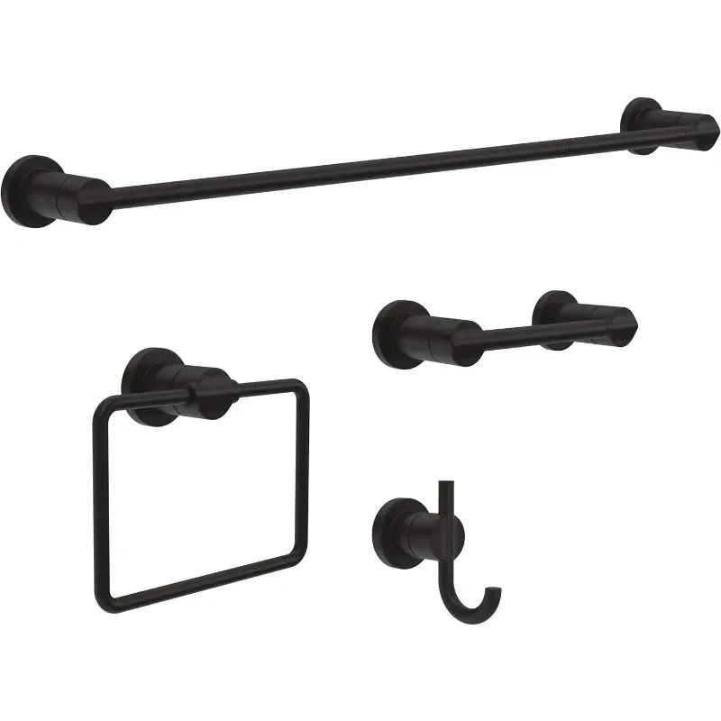 4-Piece Bath Hardware Set with 24-in Towel Bar, Toilet Paper Holder, Towel Ring, Towel Hook in Matte Black