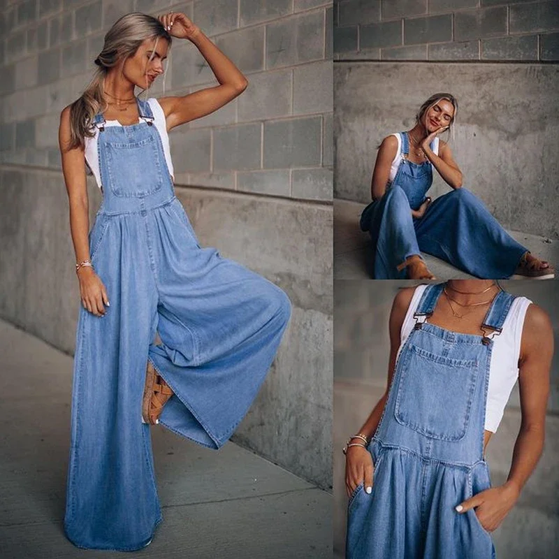 

Women Denim Overalls Loose Jumpsuits Wide-leg Summer Female New Pocket High Waist Street Fashion Hole Casual Suspenders