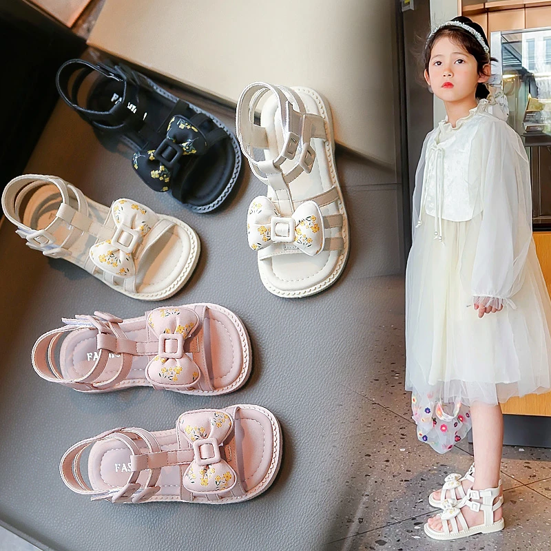 Summer Girls Sandals Pink Fashion Bow Weaving Girls Roman Shoes Beige Hundred Soft Non-slip Kids Fashion Sandals Girl Shoes